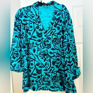 Tianello By Steve Barraza Blouse- Teal With Black Floral Print